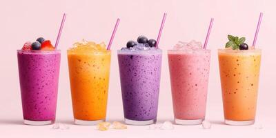 Colorful smoothie cups arranged in a row with vibrant fruits, refreshing appearance and appealing presentation photo