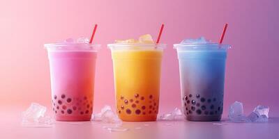 Colorful bubble tea drinks served with ice and straws at a dessert shop during a summer afternoon photo