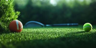 Tennis environment with equipment resting on lush grass during a sunny day photo