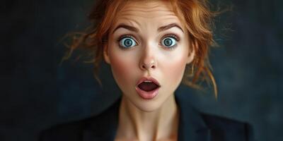 Surprised woman expresses shock with wide eyes and open mouth in a professional setting photo