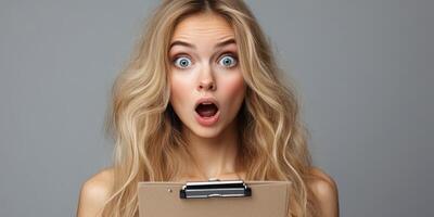 Surprised woman holding clipboard shows shock in studio with neutral background photo