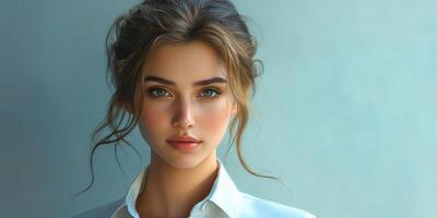 Young woman with natural beauty poses in soft light against a pastel background during a photoshoot photo
