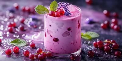 Delicious berry dessert drink prepared with fresh fruits and decorated with mint and lavender on a dark background photo