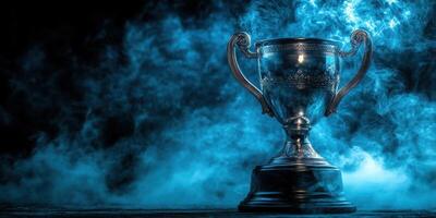 Shiny trophy surrounded by swirling blue smoke in a dark setting during an awards ceremony photo