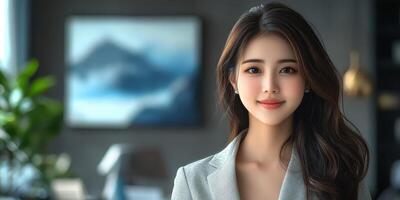 Businesswoman presents professional demeanor in modern office setting during daylight hours photo