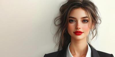 Elegant portrait of a woman in a formal outfit with stylish hair and striking makeup photo