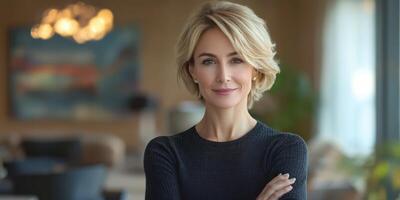 Confident businesswoman posing with arms crossed in a modern office interior during daylight hours photo