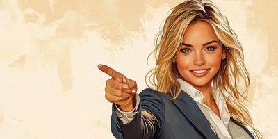Businesswoman confidently gestures while smiling in an urban office during a sunny afternoon photo