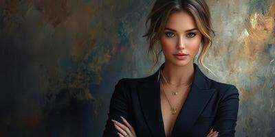 Portrait of a confident woman in a stylish outfit with a textured backdrop, conveying elegance and poise in a modern setting photo
