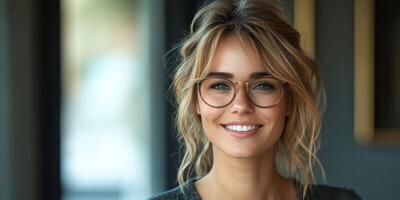 Smiling woman with glasses poses indoors, showcasing her vibrant personality and warm expression photo