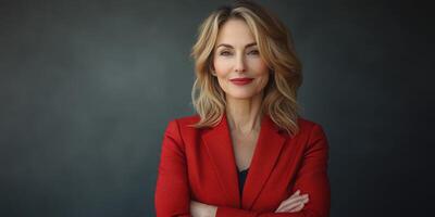 Confident woman in a red blazer poses with arms crossed against a dark background in a professional setting photo