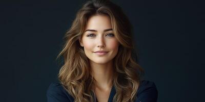 Portrait of a woman with wavy hair smiling softly against a dark background photo