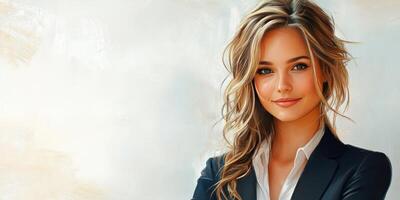 Confident young woman in business attire smiles warmly in a professional setting during daylight hours photo