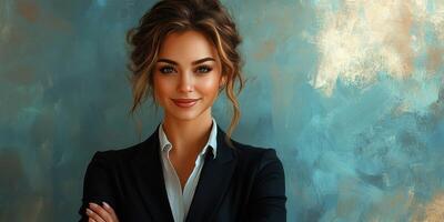 Confident woman in business attire stands against a textured blue background in a professional setting photo