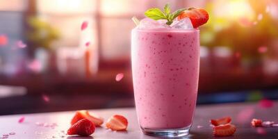 Refreshing summer strawberry smoothie served in a glass with mint and strawberry garnishes on a sunny afternoon photo