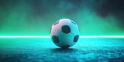 Soccer ball on a glowing surface with atmospheric lighting in a sports setting at night photo