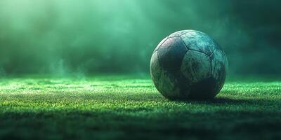 Soccer ball resting on a lush green field with mist in the atmosphere during early morning or late afternoon photo