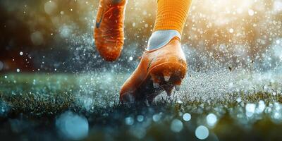 Dynamic soccer player sprinting on wet grass during a sunny afternoon match photo