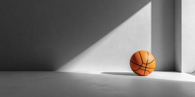 Basketball resting in a minimalistic indoor space illuminated by natural light in the late afternoon photo