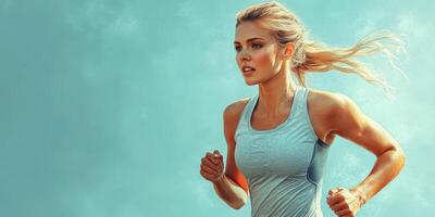 Dynamic woman running outdoors under a bright blue sky during daytime photo