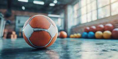Soccer ball resting on gym floor surrounded by various colored exercise balls during a bright afternoon photo