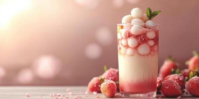 Refreshing strawberry drink with lychee balls served in a glass on a wooden table photo
