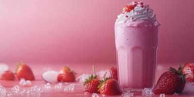 Creamy strawberry shake topped with whipped cream and fresh berries on a pink background photo