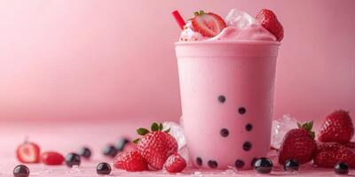 Refreshing strawberry bubble tea served in a pink cup with vibrant berries and ice on a pastel background photo