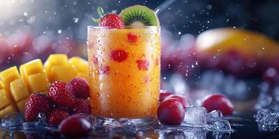 Refreshing fruit cocktail with vibrant tropical flavors and colorful garnishes on a stylish bar counter photo