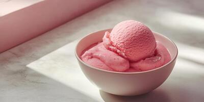 Bright pink strawberry ice cream served in a white bowl with gentle sunlight casting shadows on a marble surface photo