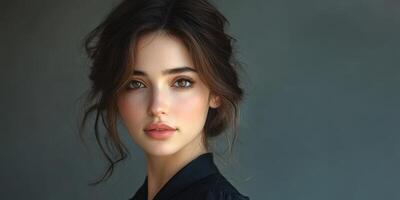 Young woman poses elegantly in a soft light setting with a serene expression and natural makeup photo