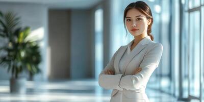 Confident businesswoman posing in modern office setting during daytime photo