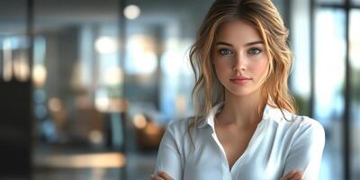 Young professional woman with long hair posing confidently in a modern office setting during daylight hours photo