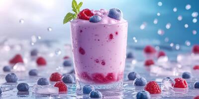 Refreshing berry smoothie served in a glass surrounded by ice and fresh fruit on a sunny day photo