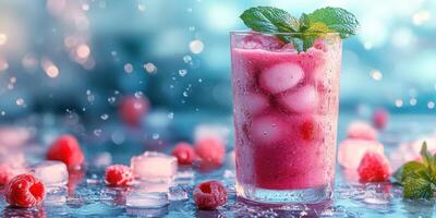Refreshing raspberry drink garnished with mint surrounded by ice cubes in a vibrant setting photo