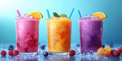 Colorful frozen drinks served with fruit garnishes in a vibrant and refreshing setting during a summer afternoon photo
