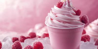 Delicious raspberry swirl dessert served in a cup on a bed of ice with fresh raspberries around it photo