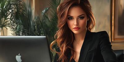 Confident businesswoman working in a modern office with elegant decor during the day photo
