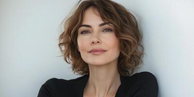 Portrait of a woman with wavy hair, expressing confidence in a minimalist setting during daylight hours photo