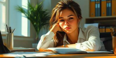 Employee feels disengaged while working in a bright office environment during the afternoon hours photo