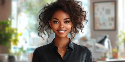 Young woman with curly hair smiles in modern office setting during daylight hours photo
