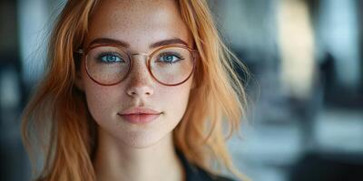 Portrait of a woman with red hair and glasses in a modern setting, focused and contemplative during the afternoon light photo