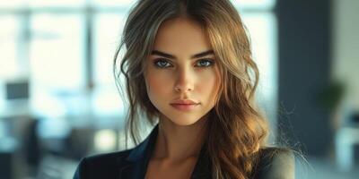 Young woman with striking features in a modern office setting during the day photo