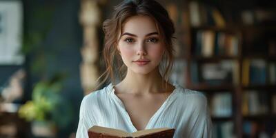 Young woman reading a book in a cozy library filled with bookshelves and warm lighting during afternoon photo