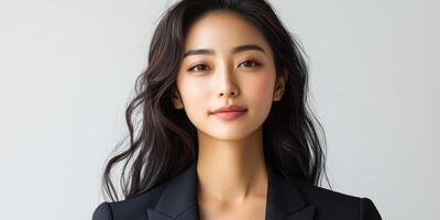 Portrait of a young woman with long dark hair in a formal black blazer against a light background, showcasing a confident expression photo