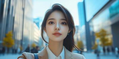 Business professional walking through a vibrant urban environment during the day in a bustling city atmosphere photo