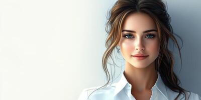 Young woman with beautiful features and captivating blue eyes posing against a light background photo