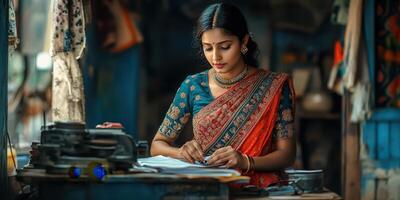 Woman in colorful sari writing at a wooden table in a bustling market stall in India during the late afternoon photo