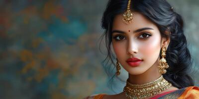 Beautiful woman dressed in traditional attire with intricate jewelry against a blurred background photo