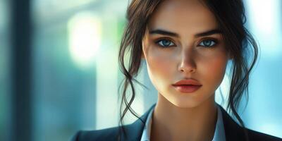 Captivating close-up of a woman with striking features in a modern office setting photo
